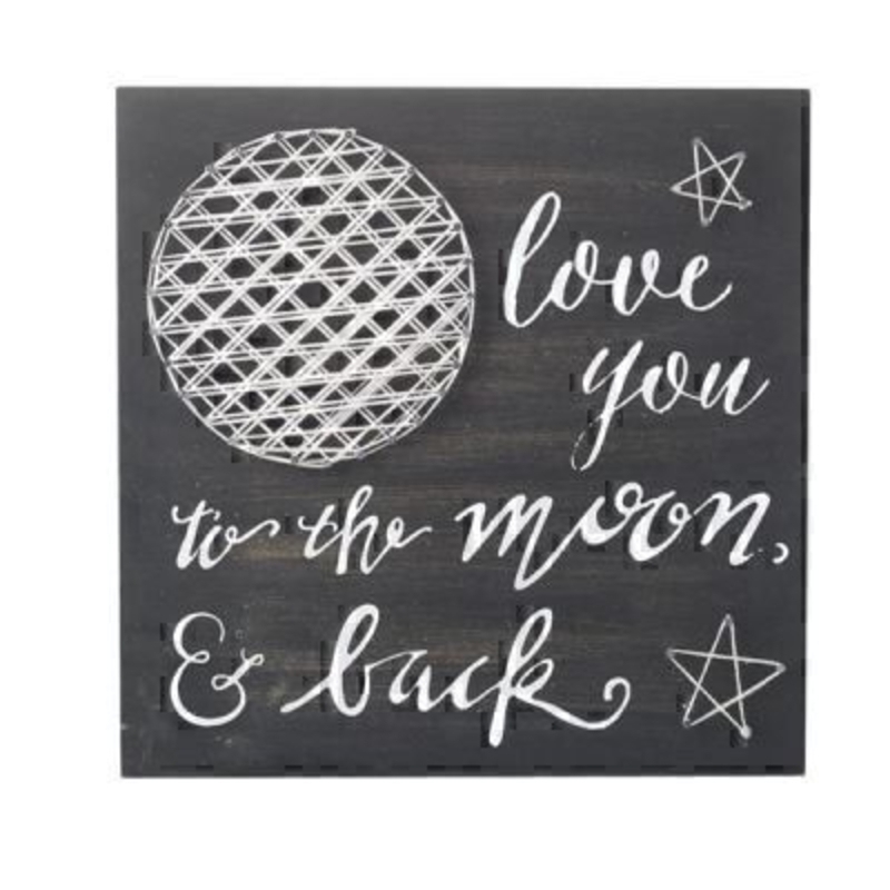 Love to Moon and Back Sign by Heaven Sends. Black and White Love you to the moon and back sign with 3D string art of moon and stars. Size 28x28x1cm